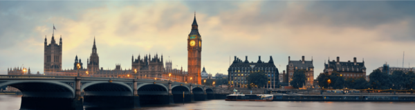 Big Ben during the evening, with a sunset in the background.