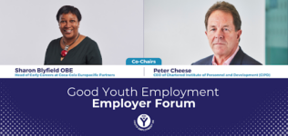 Image of Sharon Blyfield, Head of Early Careers at Coca-Cola Europacific Partners and Vice Chair of the Youth Employment UK Board and Peter Cheese, CEO of the CIPD at the inaugural meeting of the Good Youth Employment Employer forum.