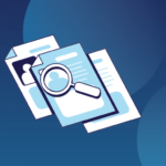 Graphical image of documents and a magnifying glass