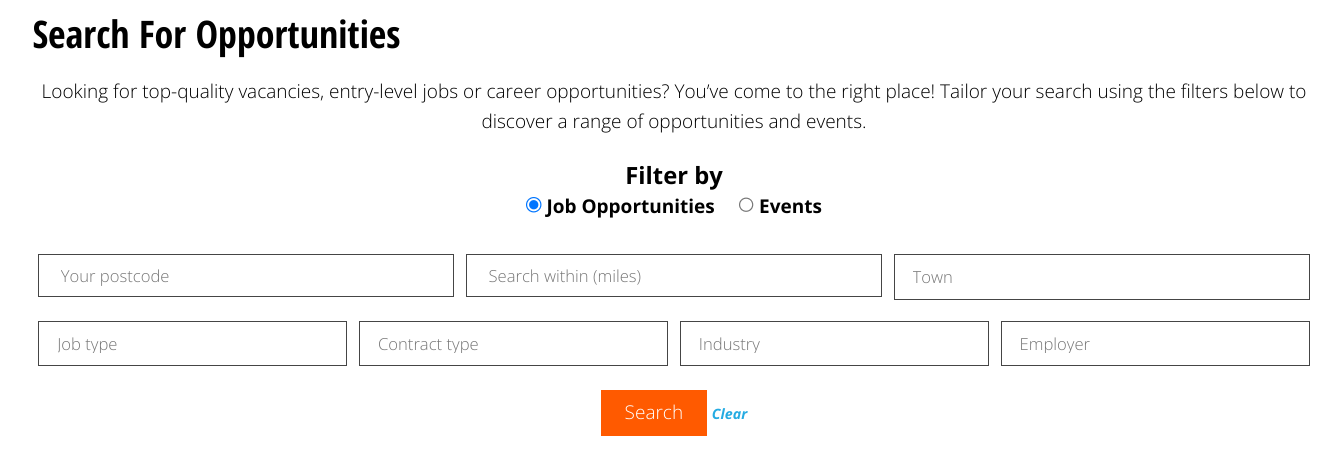 Screenshot of the filters for job opportunities like job type, contract type, industry and location.