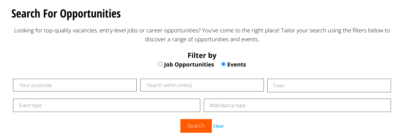 Screenshot of the filters for events like event type whether it's in-person or online.