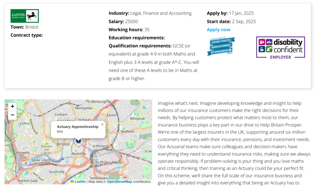 Screenshot of an opportunity, showing the job description, where it is and the application closing date.